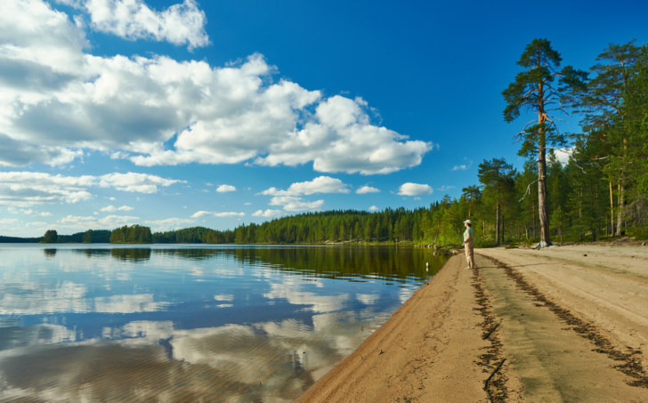 Песчаный берег озера Хайкола, Республика Карелия, Россия.