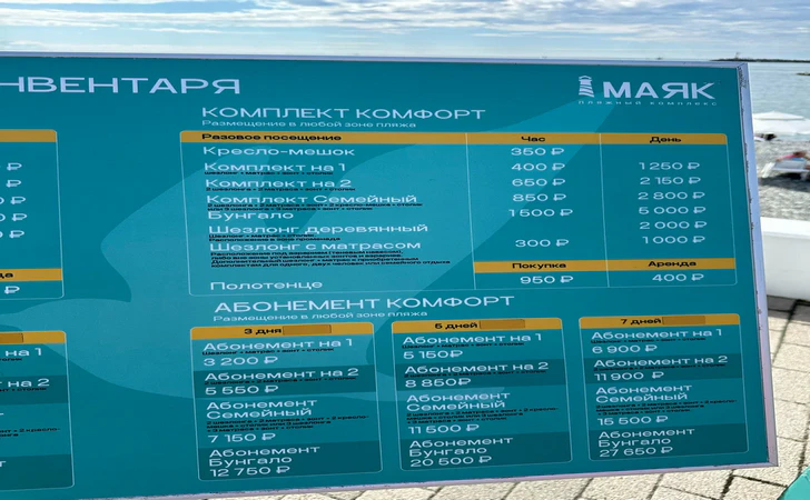 Цены и аренда на пляже «Маяк»